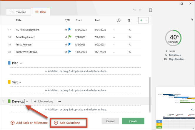 Data view add swimlane