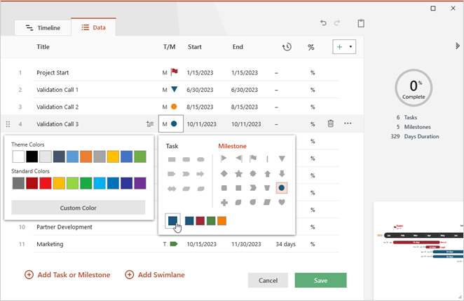 数据视图添加任务和里程碑
