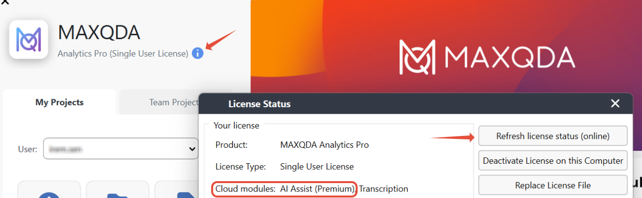 MAXQDA 欢迎窗口与 License Status 对话框，显示已激活的 AI Assist (Premium) 云模块