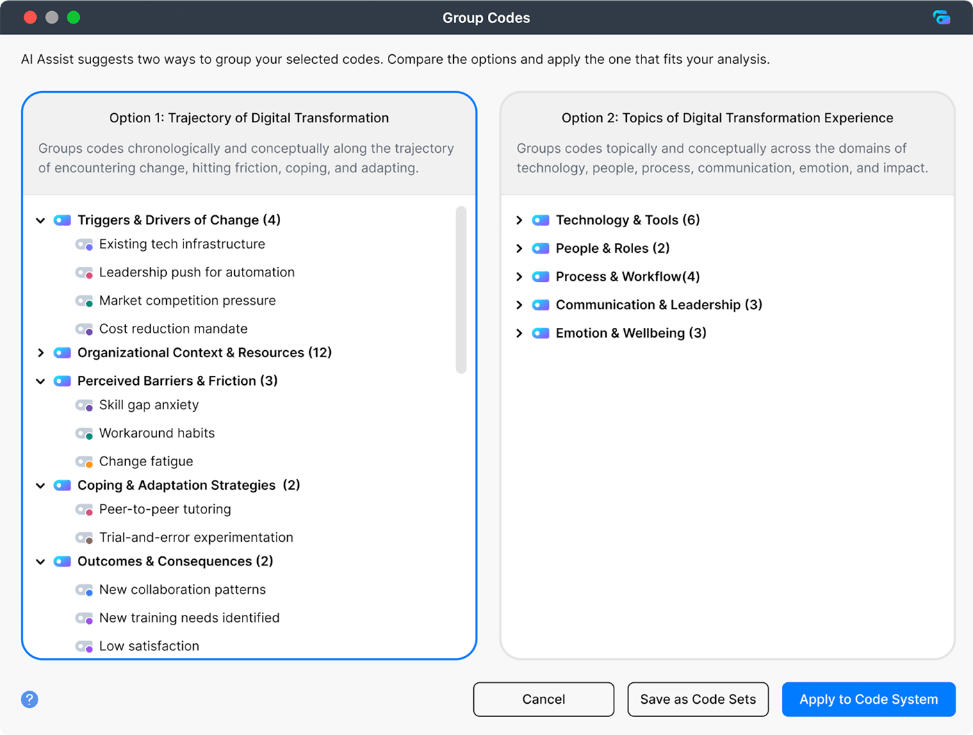 AI Assist 将编码分组为新的父级编码的界面截图