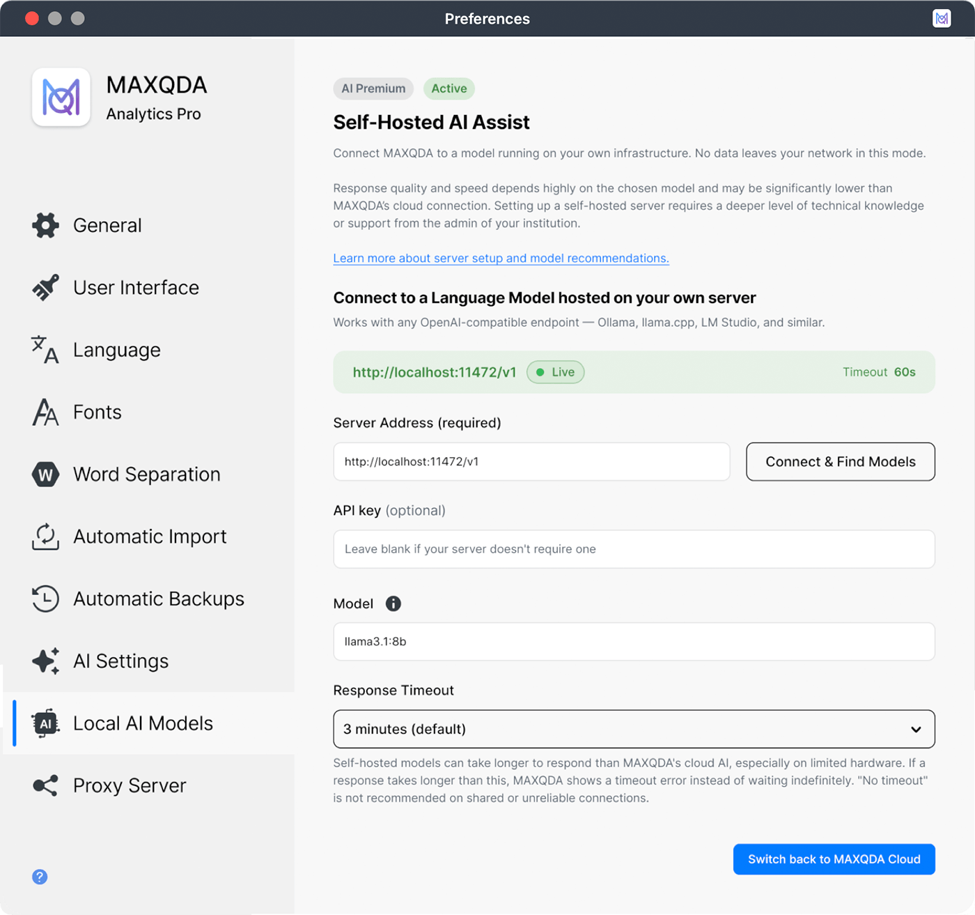MAXQDA AI Assist 连接本地计算机或服务器上 LLM 的示意图