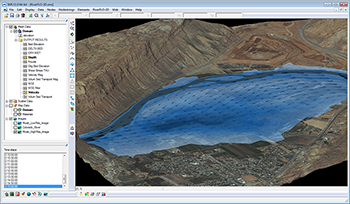 在 SMS 中运行 RiverFlow2D 的河谷洪水模拟 3D 视图