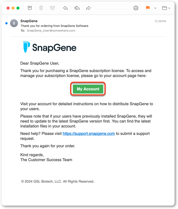SnapGene 购买确认邮件