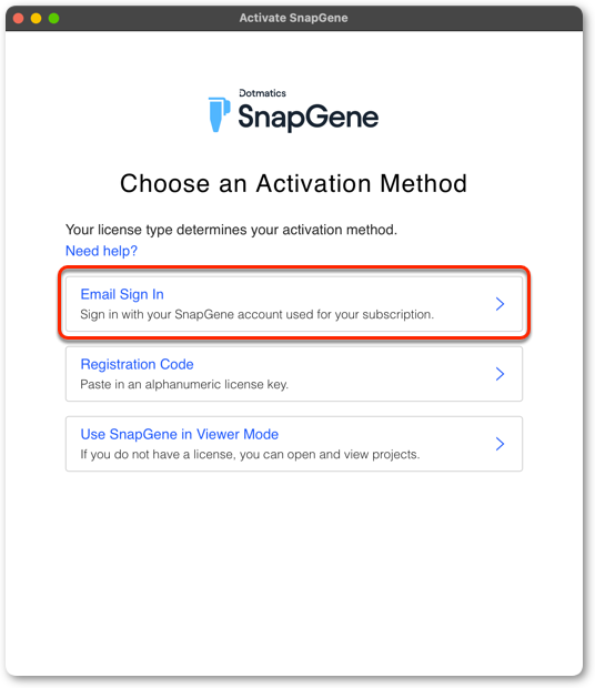 SnapGene 电子邮件登录按钮
