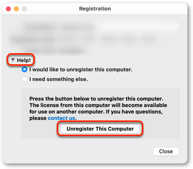 SnapGene 注册对话框 - 注销旧版许可证截图