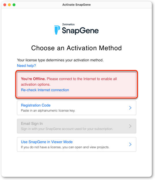 SnapGene 离线激活错误提示截图